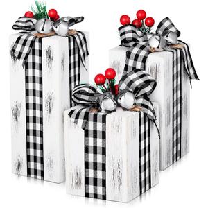 Amyhill 3 Pcs Christmas Wooden Gifts Box Decor Christmas Plaid Presents Table Centerpieces Rustic Wooden Gifts Tiered Tray Decor with Buffalo Plaid Bowknot for Xmas Party(White,Classic)
