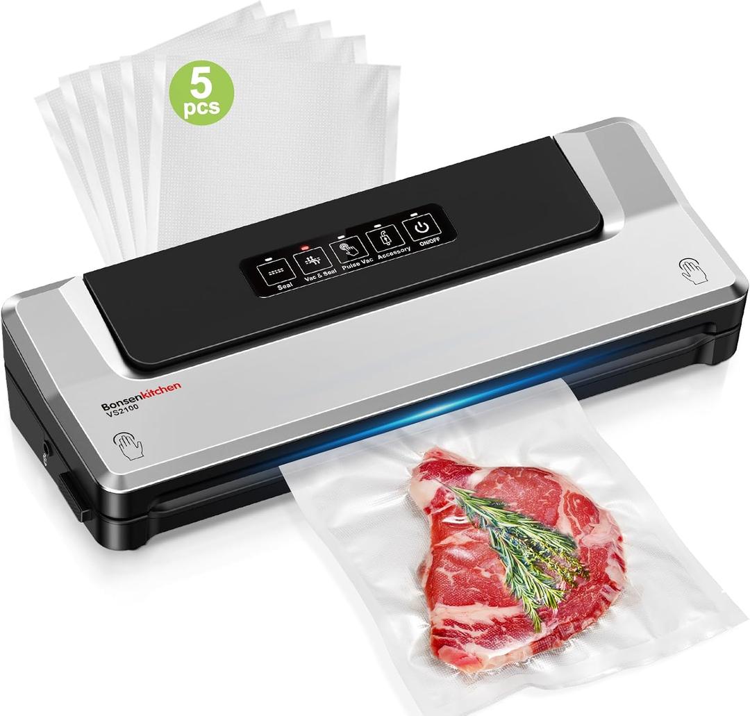Bonsenkitchen Vacuum Sealer Machine | Compact Food Sealer for Kitchen Storage & Meal Prep | Multiple Modes | External Vacuum System | 5 Bags, Silver