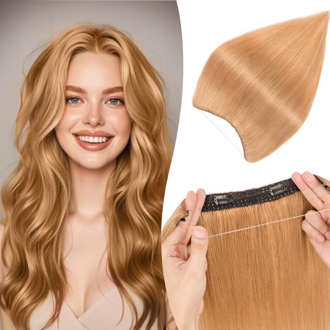 Halo Hair Extensions Straight, 100% Real Human Hair,No Tangle & Smooth,Invisible Wire Extensions for Women,55g,12 Inch, #27 Dark Blonde