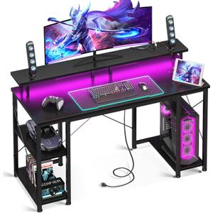 ODK 48 inch Gaming Desk with LED Lights & Power Outlets, Computer Desk with Monitor Stand & Storage Shelves, CPU Stand, Home Office Desk, Black
