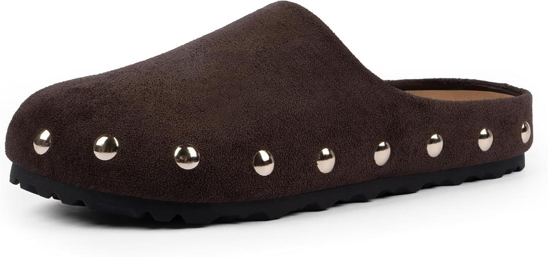 QIY Womens Slip on Clogs Studded Mules Comfortable Footbed Mule Chocolate Faux Suede Potato Shoes for Women Size 8.5