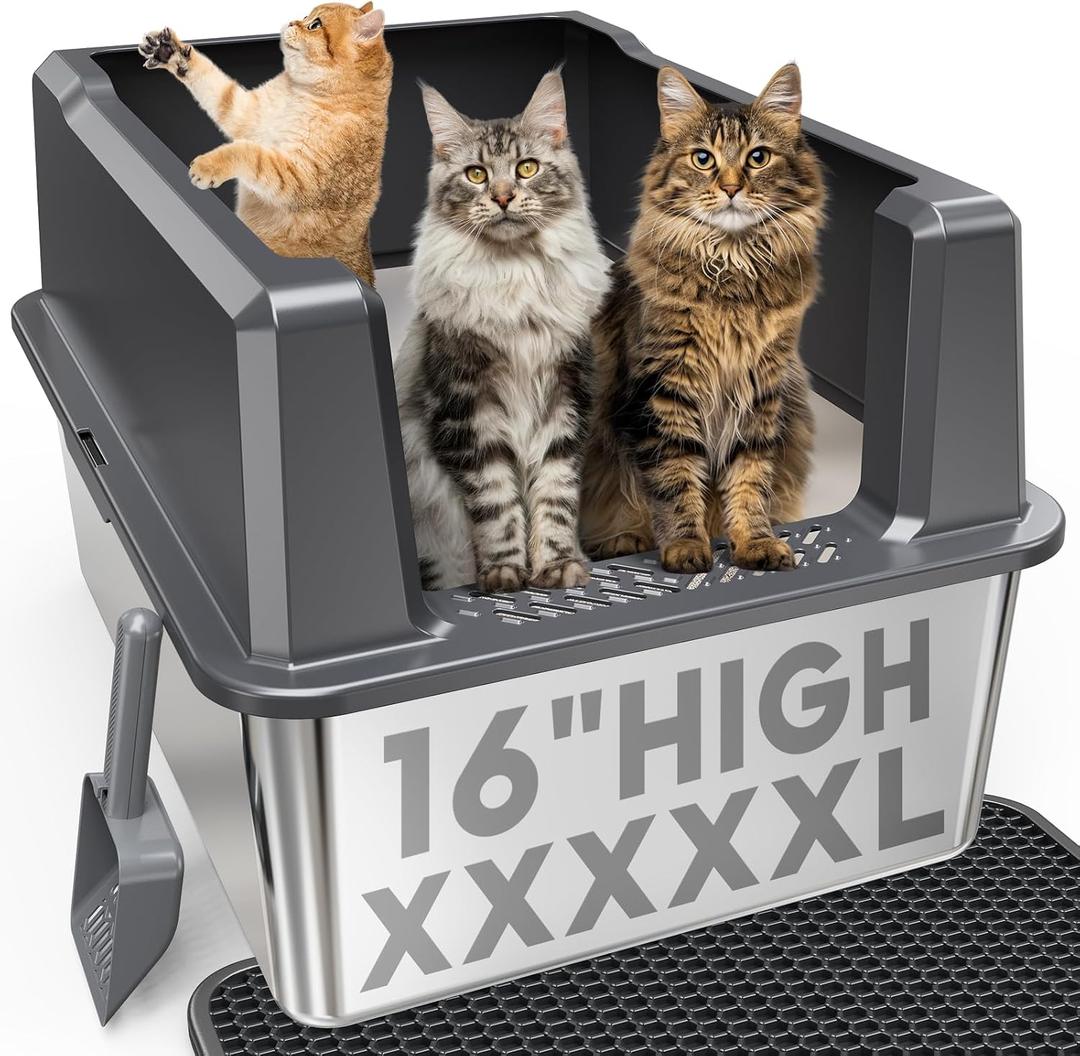 XXXXX+L Stainless Steel Cat Litter Box with Lid, 28" L x 20" W x 16" H Metal Litter Box with Hight Sides for Big Cats & Multiple Cats, Never Absorbs Odors, Anti-Urine Leakage, Easy Cleaning (Gray)