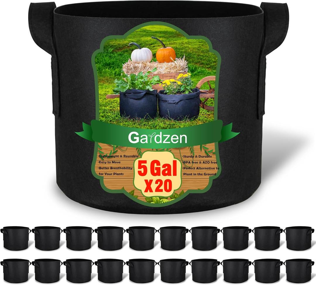 Gardzen 20-Pack 5 Gallon Grow Bags, 300G Thickened Aeration Fabric Pots with Handles, Heavy Duty Plant Bags for Plants