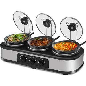 Triple Slow Cooker, 3×1.5 QT Buffet Servers and Warmers, 3 Pots Buffet Slow Cooker Adjustable Temp Lid Rests Stainless Steel Manual Silver for Parties Holidays Families, 4.5 Quarts