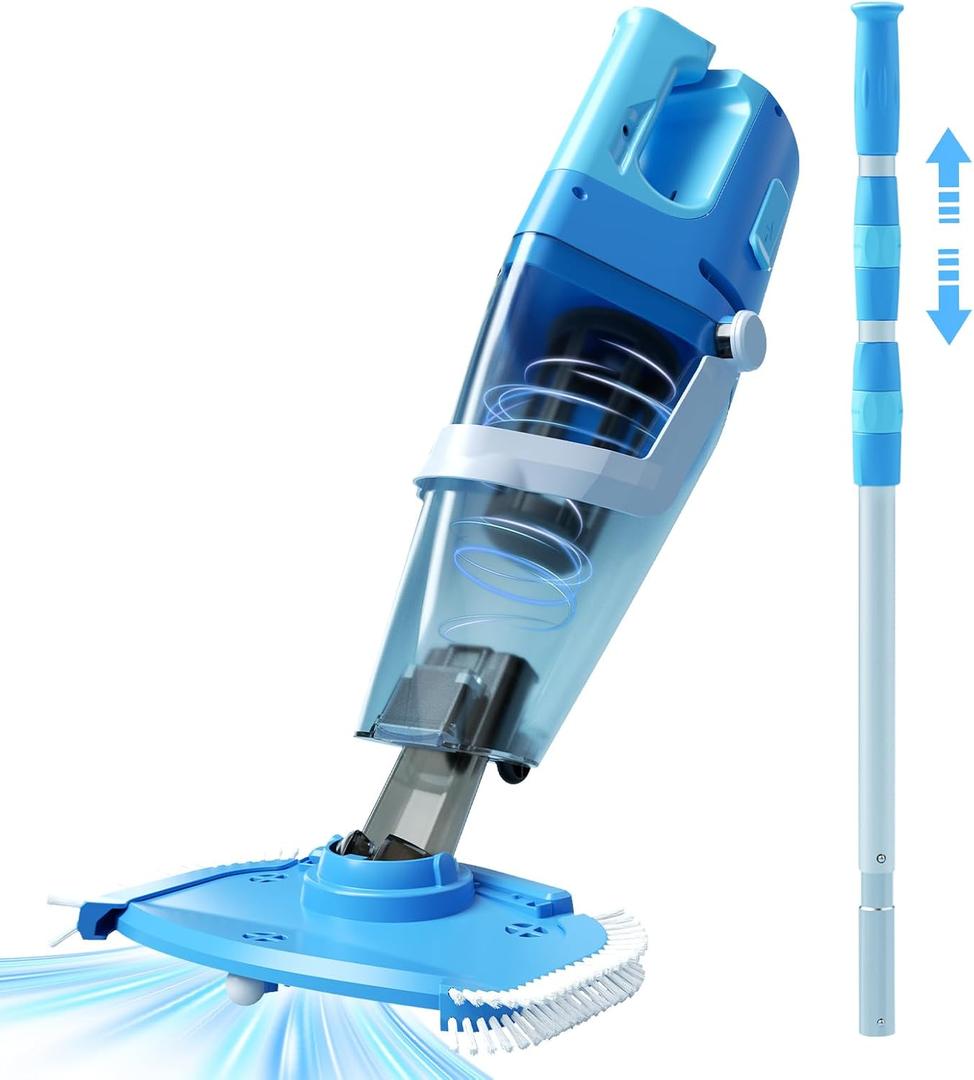 Cordless Pool Vacuum with Telescopic Pole, 26.5 gallons/min Powerful Suction, Handheld Rechargeable Swimming Pool Cleaner with 1H Running Time, Pool Vacuum for Above/In Ground Pools, Spas, Hot Tubs