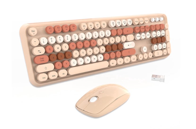 Wireless Keyboard and Mouse Combo, Colorful Ergonomic Full Size Retro LowNoise Keyboard with Cute keycaps, Compatible with Windows, PC, Perfer for Home and Office Keyboards (Brown)