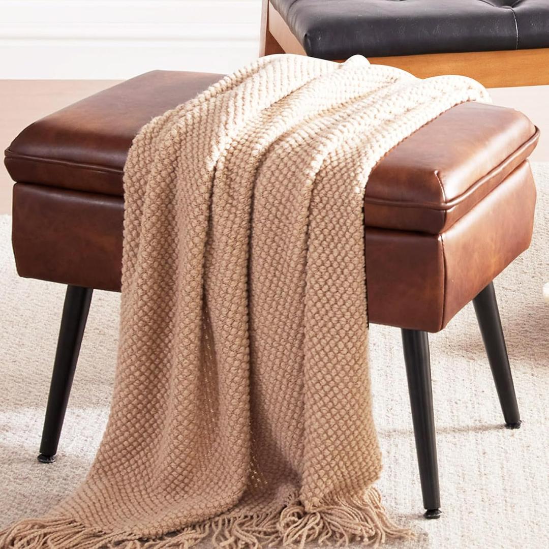 Storage Ottoman Upholstered Stool with Padded Seat, Tufted Vanity Stool with Metal Legs, Accent Stool, Faux Leather, Retro Brown (13.4"D x 17.3"W x 16.5"H)