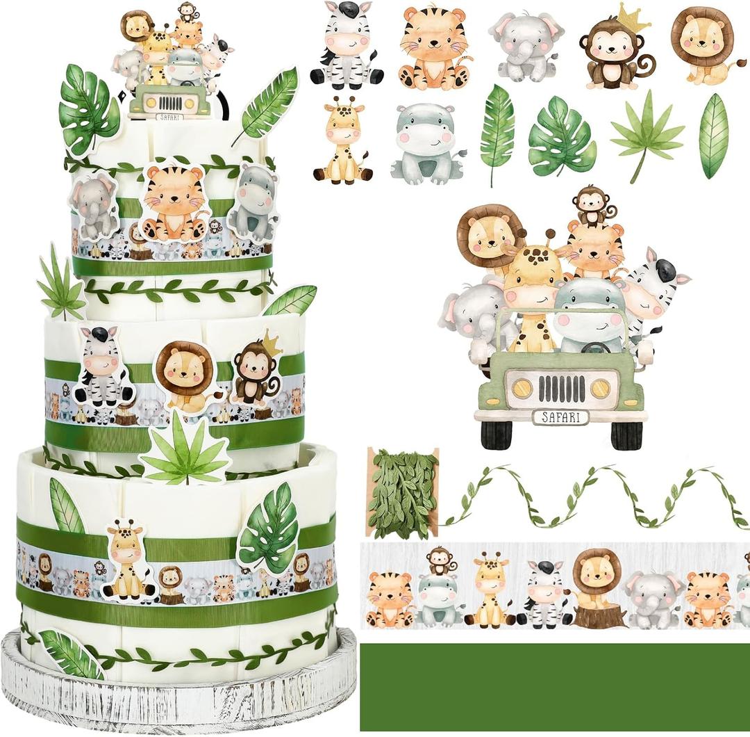 Whaline Woodland Diaper Cake Kit Jungle Safari Diaper Decor with Animals Cutouts Green Leaf Animal Print Ribbon for Baby Shower Gender Reveal Party Supplies