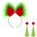Canlierr 2 Pcs Red Green Furry Bow Headband and Christmas Dangle Earrings for Women Large Green Hairband with Heart Green Tassel Dangle Earrings for Cosplay Party Dress up Accessories
