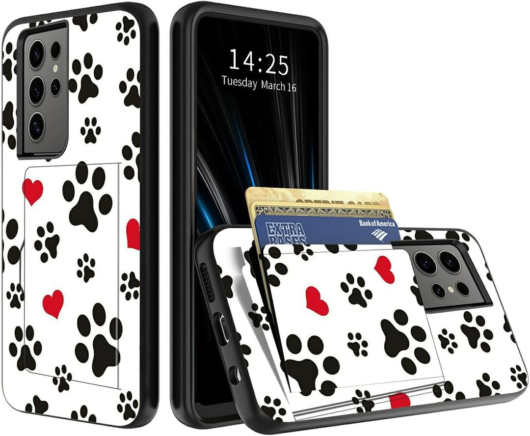 Cute Dog Paw Prints Phone Case for Samsung Galaxy S25 Ultra Wallet Case with Hidden Card Holder, Dual Layer Hybrid Hard ID Card Slot Soft Inner Rubber Bumper Slide Cover for Galaxy S25 Ultra