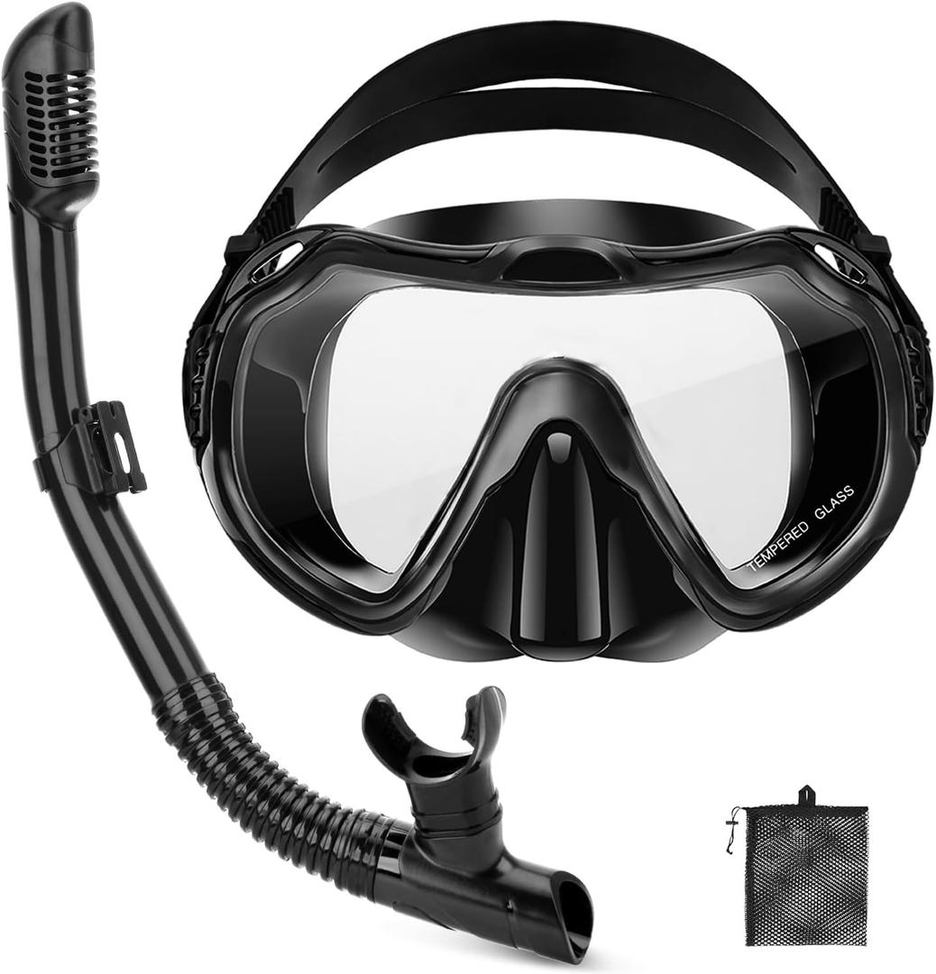 Snorkeling Gear for Adults, Adult Snorkel Set with Panoramic Anti-Leak and Anti-Fog Tempered Glass Snorkel Mask, Dry Top Snorkel, Snorkle Mask Set Adult with Mesh Bag Ear Plug for Snorkeling (Black (1 Set))