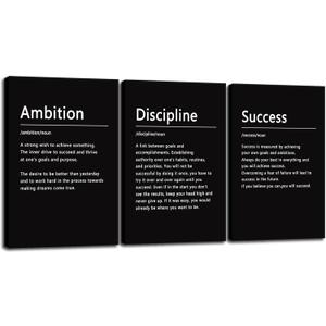 3 Pieces Office Decor Canvas Wall Art Inspirational Ambition Discipline Noun Picture Painting Motivational Positive Quotes Success Poster Modern Home Decor Bedroom Framed Ready to Hang[48" W X 24" H] (BOSS A-06)