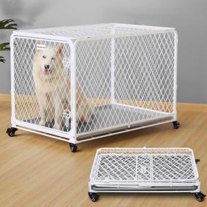 42 Inch Collapsible Dog Crate with Diamond Mesh, No-Tool Assembly Foldable Dog Kennel with 4 Lockable Wheels,Removable Tray,Portable Dog Cage for Medium/Large Dogs, Space-Saving, Indoor Outdoor Use (L - 42.5"L x 28.3"W x 28.9"H, White)