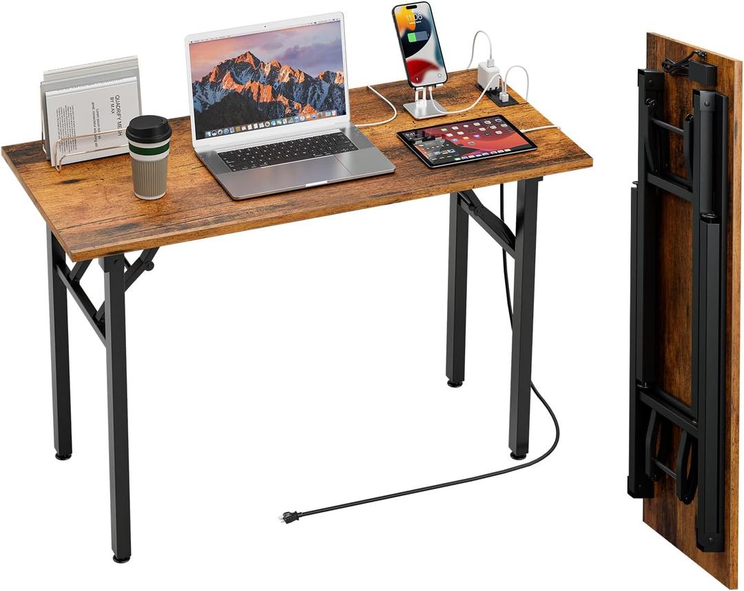 TEMI Small Computer Desk Folding Table - No Assembly, Compact 44.3" Foldable Desk with Power Outlets & USB Charging Port, Portable Small Office Desk, Ideal Mini Study Table for Narrow Spaces, Brown, 43.3 Inch