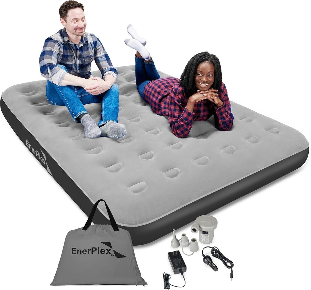 EnerPlex Camping Air Mattress with Built in Pump - Queen Blow Up Mattress for Travel & Guests - Portable Bed for Adults and Kids - Grey (9" Queen Size)
