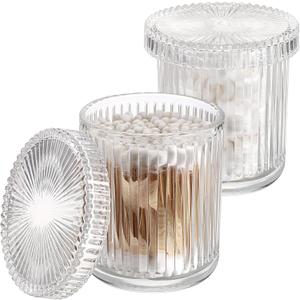 2 Pack Glass Qtip Holder with Lid, Qtip Dispenser Bathroom Storage Jars- Glass Apothecary Jars for Cotton Ball, Swab, Pads, Floss Picks, Bathroom Accessories Organization and Vanity Organizer(Clear)