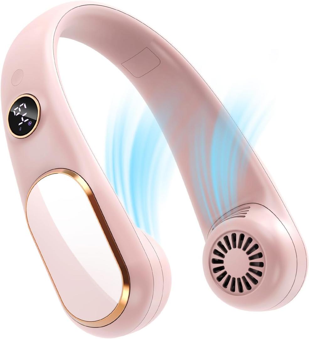 Koonie Neck Fan Rechargeable 5 Speeds, Portable Personal Fan, Hands Free Bladeless Fan, Battery Operated Wearable Fan Adjustable, Screen Design, 4-12 Hours, Cooling Fan For Travel, Outdoor, Indoor (Pink)