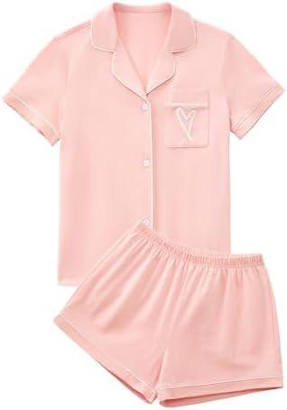 LYANER Women's Pajamas Set Heart Print Button Short Sleeve Shirt with Shorts Sleepwear PJs Set, M
