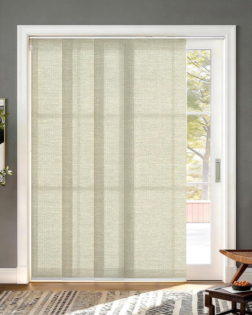 UNISHADES Panel Track Blinds for Sliding Glass Doors, Lattice Greige | Adjustable track fits 45 3/4"–82 5/8" wide with trim-to-height 100% paper fabric for light filtering and privacy.