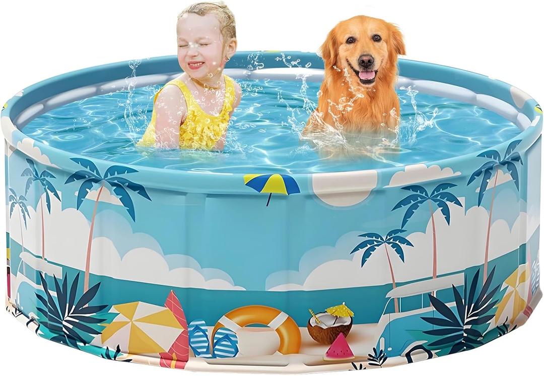 Foldable Swimming Pool for Kids 47.2"x17.7" Hard Plastic Portable Dog Pool Anti-Slip Collapsible Pets Bathtub Kiddie Pool Indoor Outdoor Backyard (Beach Party 48'')