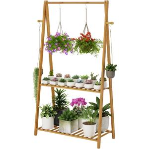 Hanging Plant Shelf Indoor Outdoor Plant Stands Wood Flower Stand 2 Tiered Bamboo Plant Shelves Holder Rack for Patio Balcony Garden (Tall,50 inch)