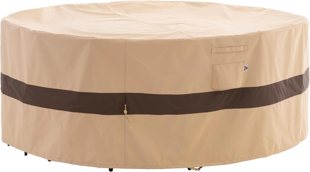 WJ-X3 Round Patio Furniture Cover, 110" D x 31" H, Waterproof, UV Resistant, Anti-Fading Outdoor Cover for Round Dining Table and Chairs Set, Beige & Coffee