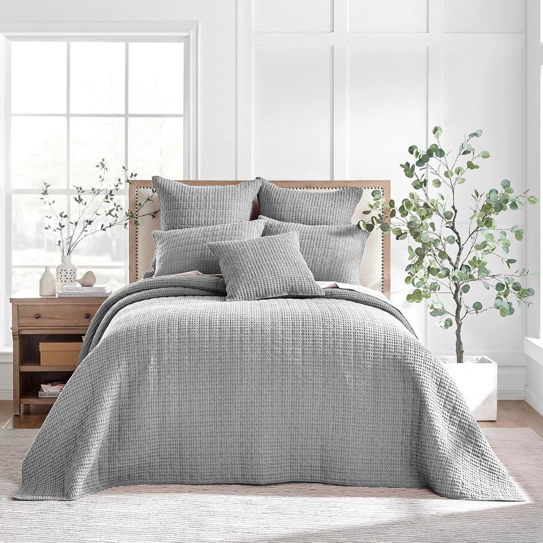 Levtex Home - Mills Waffle - King Quilted Bedspread Set - Grey Cotton Waffle - Bedspread Size (122 x 106in.), Sham Size (36 x 20in.)