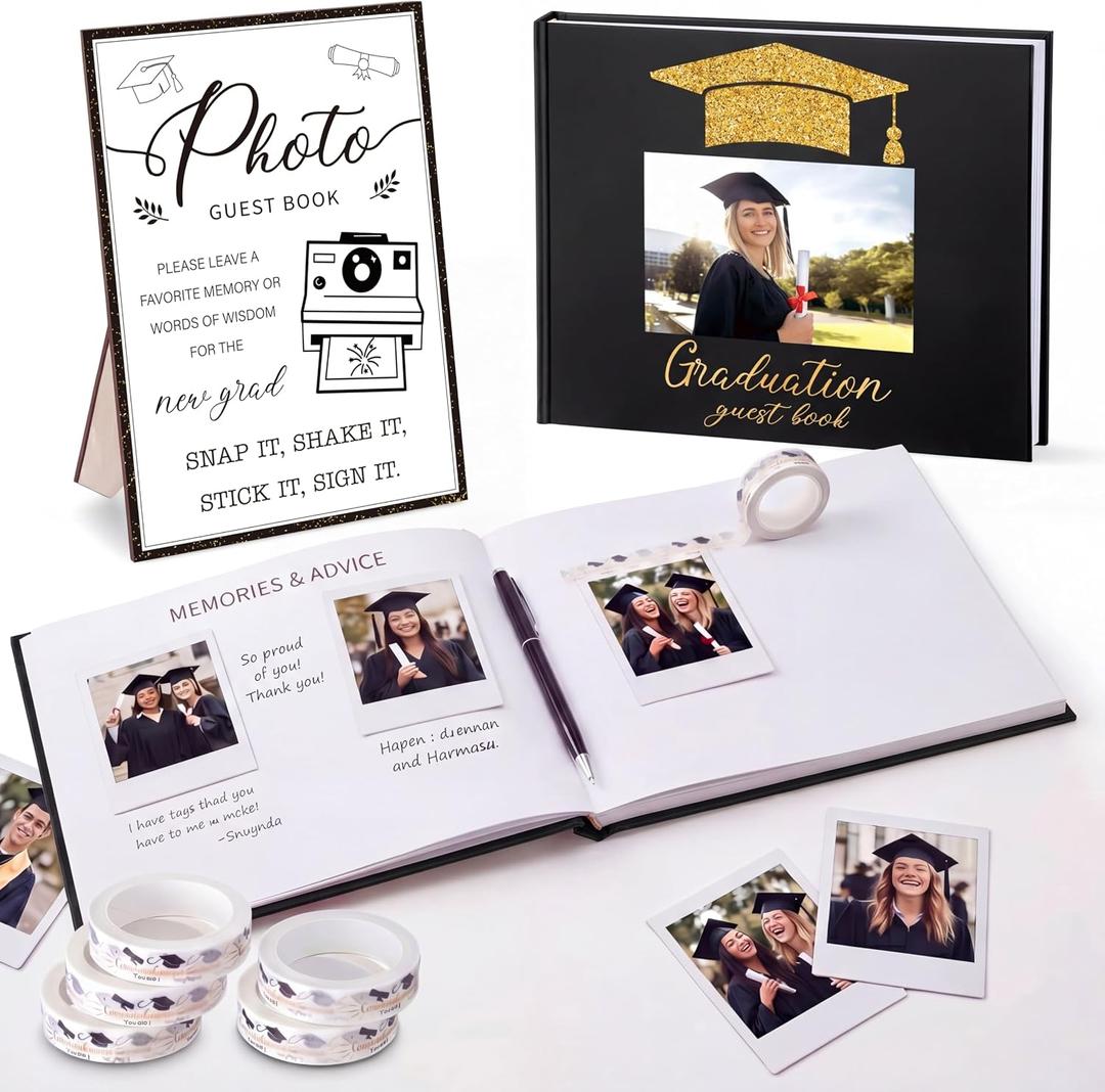 Engrowtic 2026 Graduation Guest Book with Photo Sign Decorations Guest Book Sign 100 Pages Class of 2026 Scrapbook Album DIY Tape Signature Pen for Grad Party(Photo Insertable)