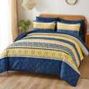 Boho Comforter Set King, 7 Pieces Navy Blue and Yellow Bohemian Bedding