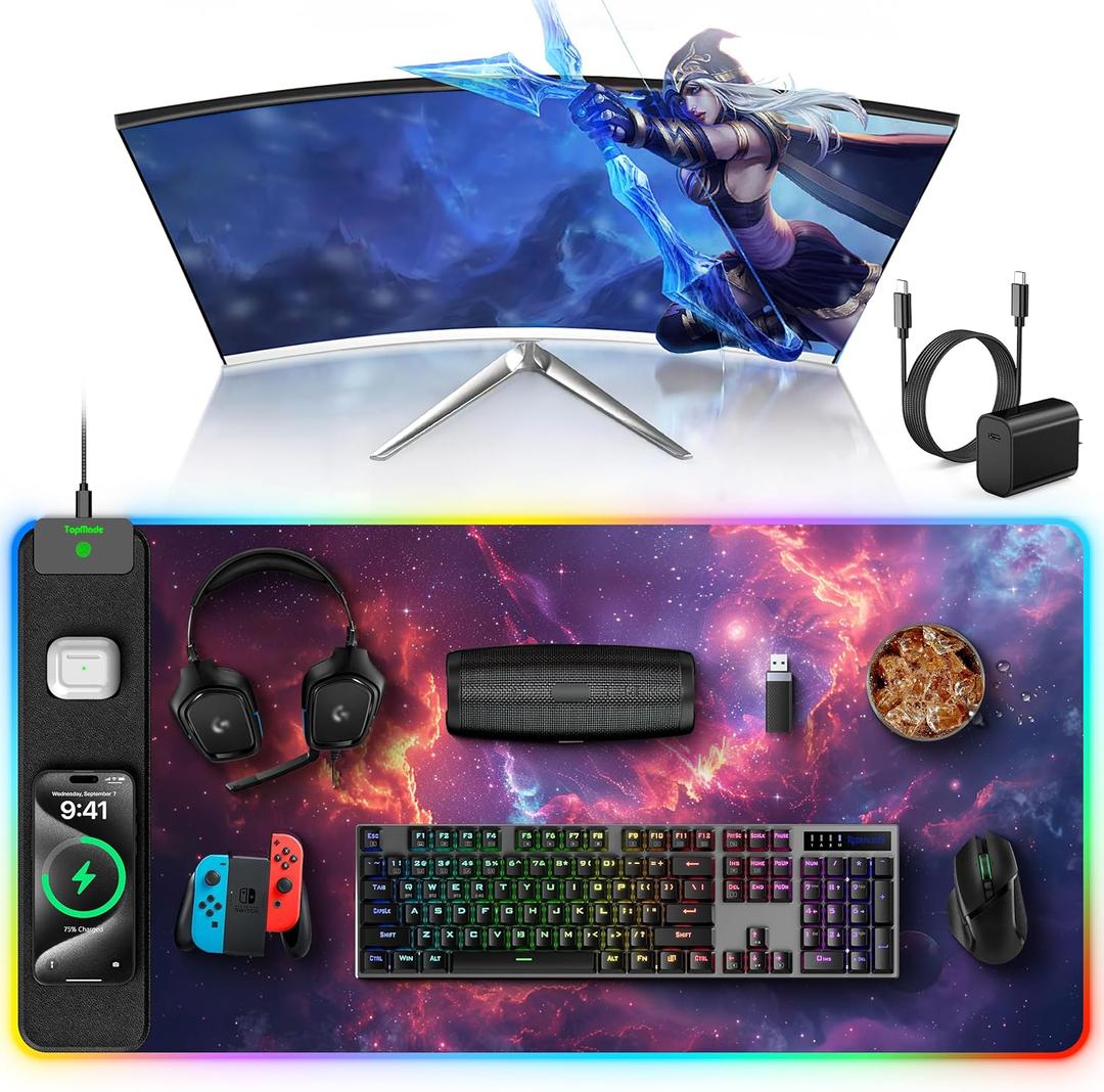 TopMade Wireless Charging Mouse Pad, RGB Gaming Mousepad Home Office Desk Pad, 31.5 x 15.8 Large Desk Mat, Waterproof Keyboard Pad, Galaxy Nebula (Includes 20W PD Power Adapter & 6.56ft Woven Cable)