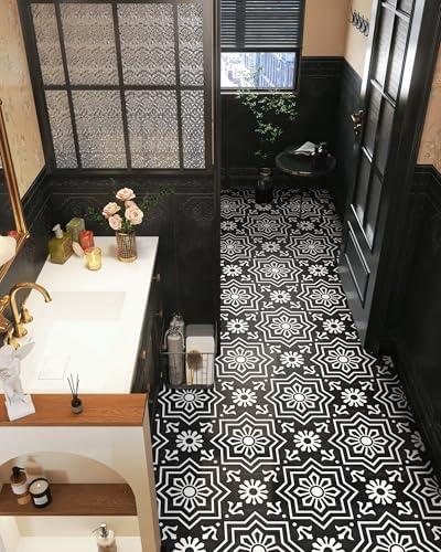 MORCART 20Pcs Peel and Stick Floor Tile, 7.87"x 7.87" Vinyl Flooring, Removable DIY Self Adhesive Flooring for Bathroom Kitchen Fireplace Stairs Bedrooms Wall Pantry Room Waterproof Black