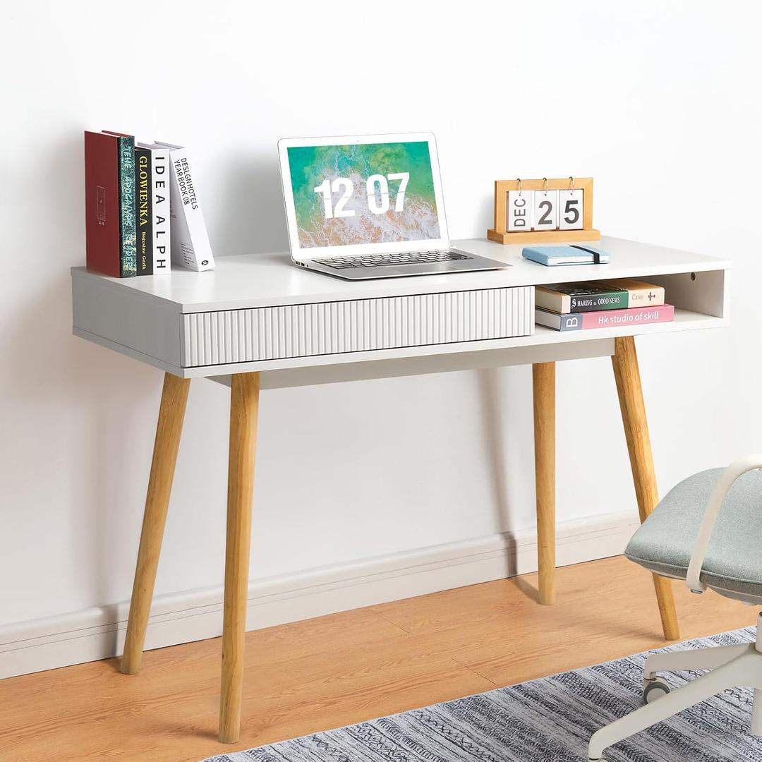 Artswish White Writing Desk Modern Desk Wooden Desk with Drawer, Small Office Desk Simple Computer Desk Makeup Table, White Oak