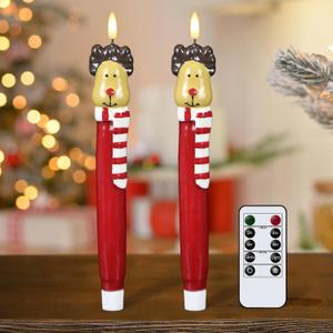 DRomance Christmas Flameless Taper Candles Battery Operated with Remote and Timer Real Wax LED Flickering Taper Candles 3D Wick Hand-Colored Painted Deer Holiday Indoor Decor(2 Pack, 0.79 x 11.4)