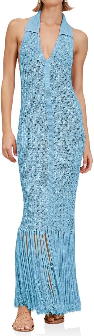 Saodimallsu Womens Halter Crochet Cover Up Fringe Sexy Backless Sleeveless V Neck Collared Vacation Beach Maxi Dress (Medium, Blue)
