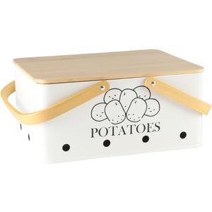 Potato Storage for Pantry, Metal Potato Storage Box with Bamboo Lid and Handle, Potato Bin Onion Storage with Aerating Holes, Kitchen Counter Organizer Container for Potato Onion Garlic-White