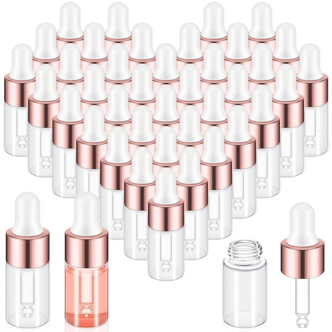 100 Pcs Mini Glass Oil Dropper Bottle Bulk, 3 ml Rose Gold Clear Essential Small Empty Bottles Sample Containers Perfume Liquid Vials with Cap for Traveling