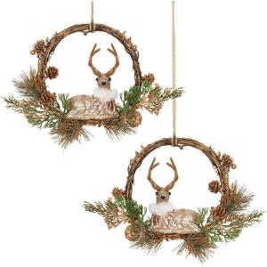 2pcs Small Christmas Wreaths for Front Door, 9-inch Mini Wreaths for Cabinets, Kitchen, Window, Golden Reindeer