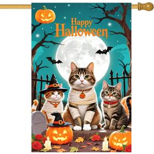 IVN Halloween Cat Garden Flag 28 x 40 Inch Double Sided House Flag with Moon Pumpkin and Bat Design for Spooky Outdoor Porch Decor