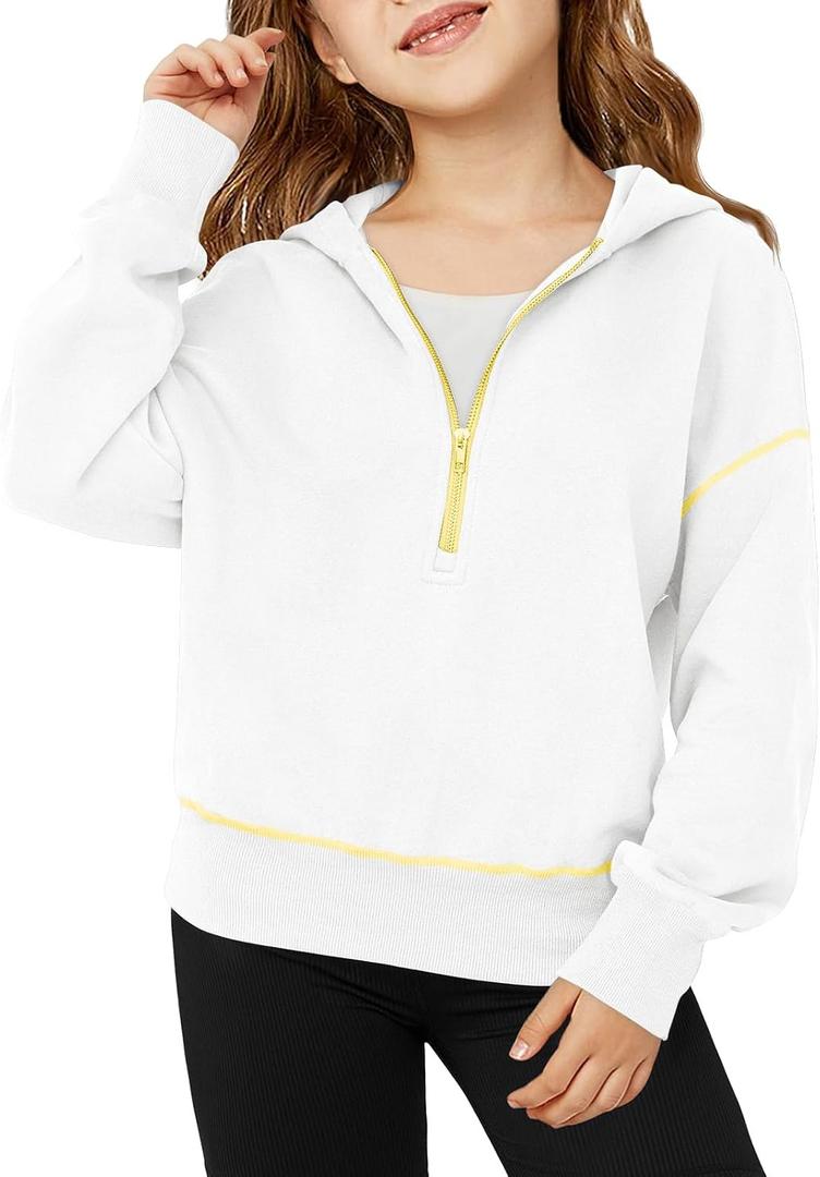 Girls Half Zip Hoodies Kids Fashion Long Sleeve Drop Shoulder Hooded Sweatshirt Pullover 5-14 Years White