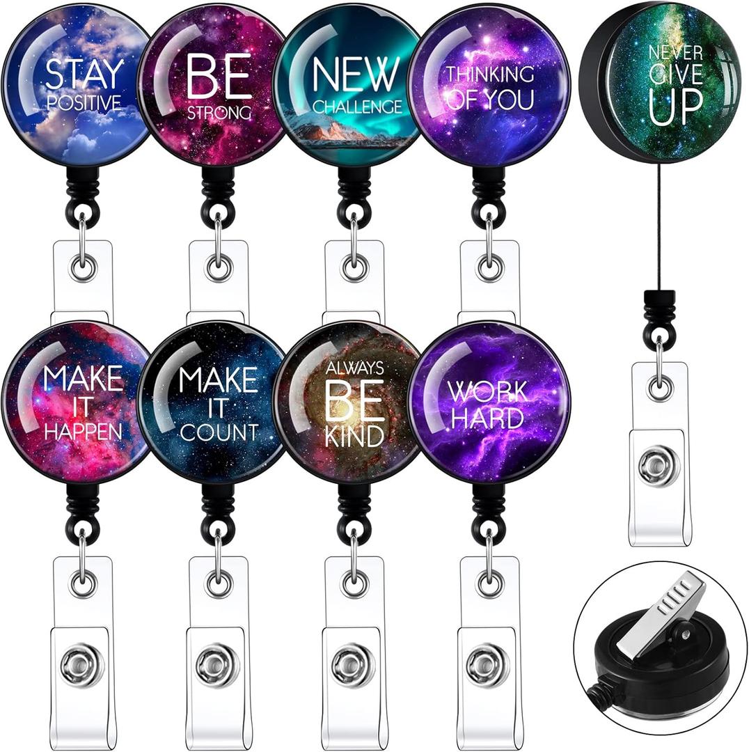 Zonon 9 Pcs Badge Reel Retractable Badge Holder with Swivel Alligator Clip Motivation Quote Cute Retractable Clip Alligator for ID Card Holders Nurses Teachers Office Worker