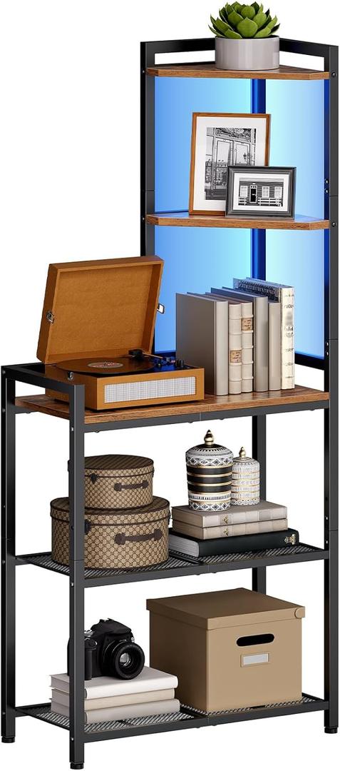 HOOBRO 5-Tier Corner Shelf Stand, Corner Shelf with LED Light, 56.3" Tall Corner Bookshelf, Display Rack Storage Organizer with Table, for Small Spaces, Living Room, Entryway, Rustic Brown BF69DCJ01