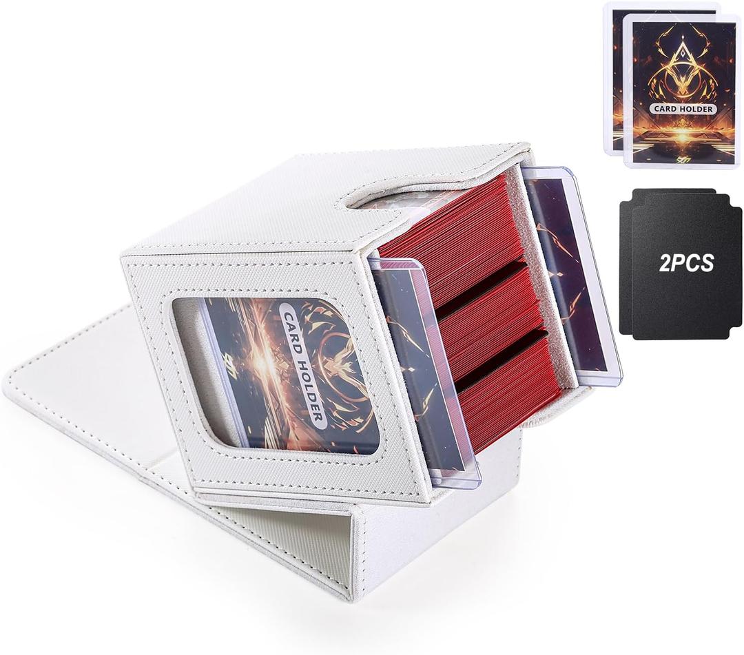 MTG Deck Box, Double Display Window MTG, Commander Deck Box Fits 120+ Single Sleeved Cards, PU Leather Magnetic Closure Card Box with 2 Dividers&2 Toploaders for TCG, CCG, White
