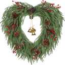 24" Christmas Wreath for Front Door with Bells, Berries & Pinecones, Large Artificial Norfolk Pine Wreath, Heart-Shaped Green Xmas Wreaths for Wall Window Porch Indoor & Outdoor Winter Christmas Decor