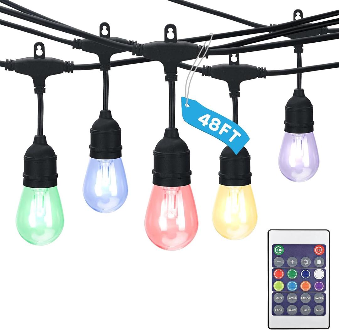 LUXRITE 48FT LED RGBW Outdoor String Lights, Remote Control Color Changing Cafe Lights, Commercial Grade Waterproof, 24 Edison S14 Shatterproof Bulbs, IP65, Dimmable Outside Hanging Lights for Patio