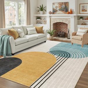 DCX Abstract Machine Washable 5x7 Rug, Mid Century Modern Rug for Living Room, Soft Low Pile Non Slip Carpet, Kid & Pet Friendly Stain Resistant Rug for Bedroom Dining Room Office, Blue & Yellow