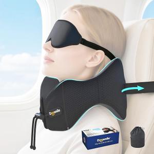 Patented Head-Bobble-preventing Ergonomic 360° Supporting Golden Formula Memory Foam Travel Neck Pillow w/3D Contoured Eye Mask Set Long Trip Sleeping Essentials for Airplane Flight Car Bus