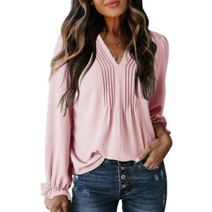 Dokotoo Womens Tops Casual Pleated V Neck Puff Long Sleeve T Shirts Loose Tunic Business Blouse (Large, Pink)