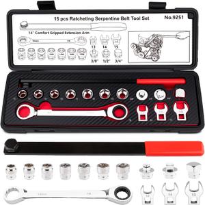15PCS Serpentine Belt Tool Set, Professional Ratcheting Serpentine Belt Tensioner Tool for Removing and Installing Automotive Serpentine Belts