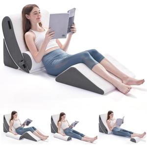 Wedge Pillow Set for After Surgery, 4 PCS Bed Wedge Pillow for Sleeping, Memory Foam Orthopedic Back Pillow for Pain Relief and Acid Reflux, Adjustable Post Surgery Pillow Grey