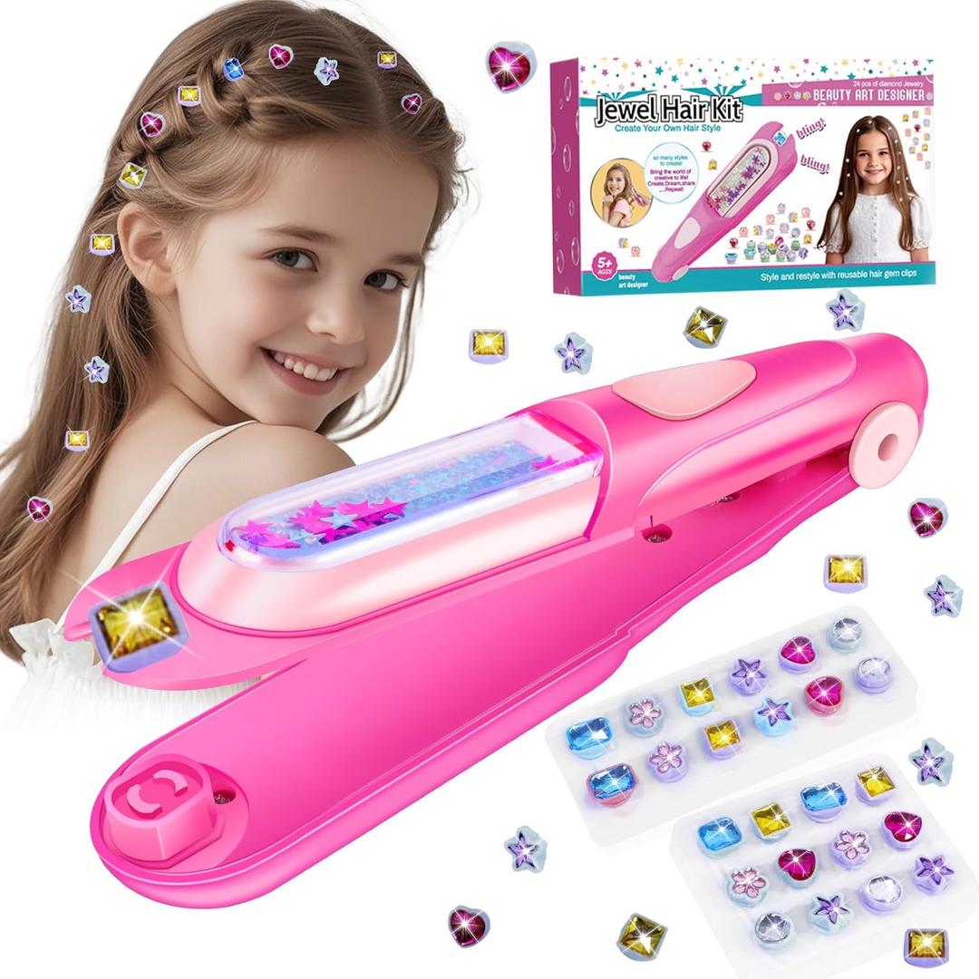 kidzkube Hair Gem Stamper Kit, Bling Hair Jewels for Girls Toys, Hair Styling Tool with Reusable Shining Diamonds, Birthday Gifts Toys for Girls Ages 3 4 5 6 8-12 (Pink)